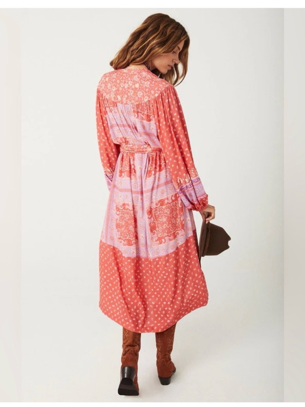 Spell Coral and Pink Patchwork Midi Dress color Cayenne - Picture 2 of 4